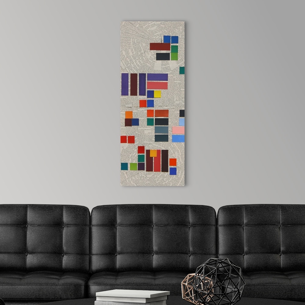 A modern room featuring Contemporary abstract geometric painting. Using bright colored tiles against a background of cut ...