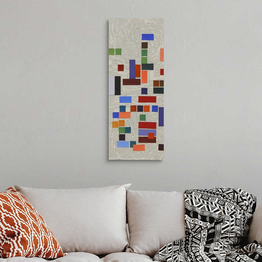 A bohemian room featuring Contemporary abstract geometric painting. Using bright colored tiles against a background of cut ...