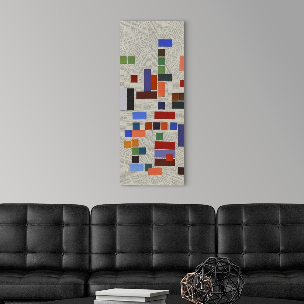 A modern room featuring Contemporary abstract geometric painting. Using bright colored tiles against a background of cut ...