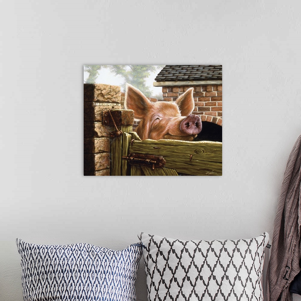 A bohemian room featuring Contemporary painting of a pig with a large snout and ears looking over the gate to a fence.