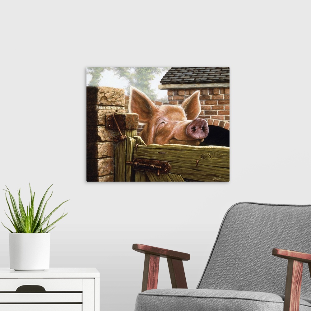 A modern room featuring Contemporary painting of a pig with a large snout and ears looking over the gate to a fence.