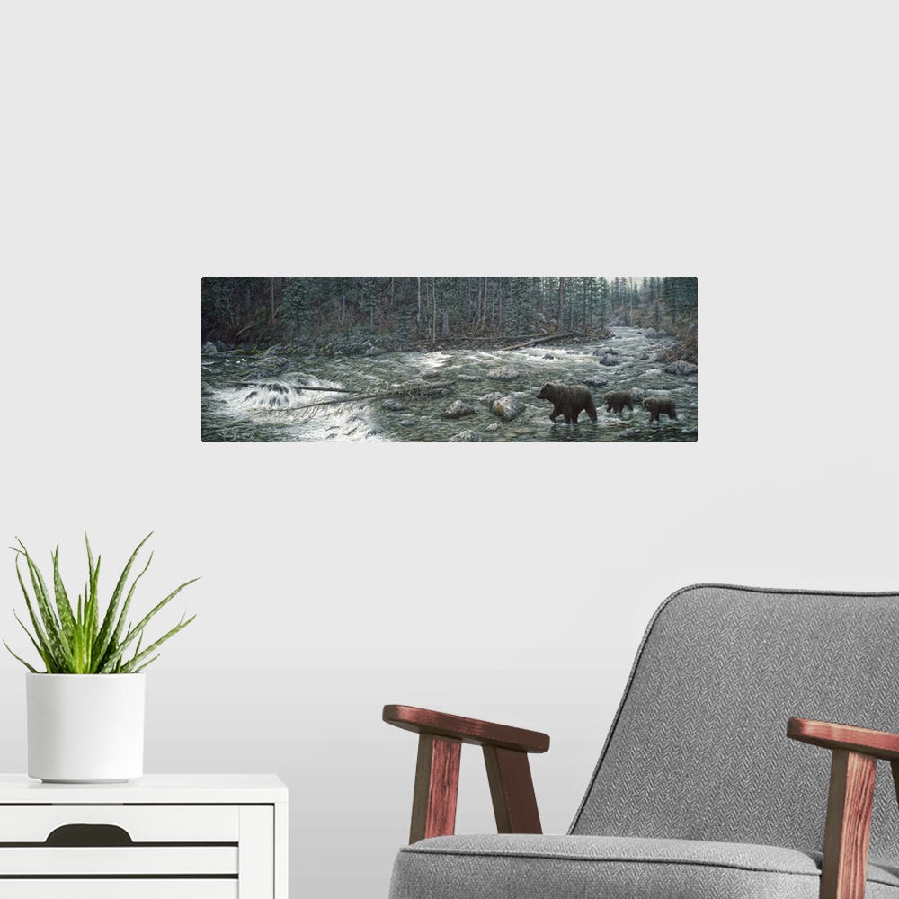 A modern room featuring a mother bear and two cubs  crossing a stream