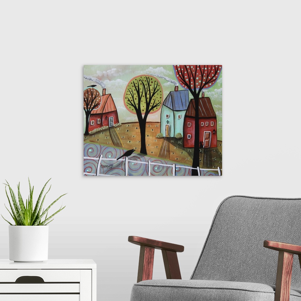 A modern room featuring Contemporary folk-art style painting of a rolling hill landscape with houses and patchwork fields.