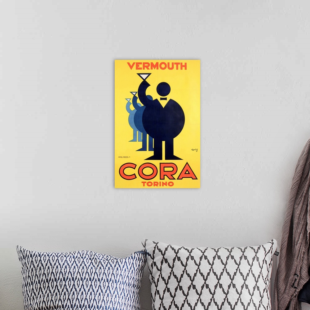 A bohemian room featuring Vintage poster advertisement for Cora Vermouth.