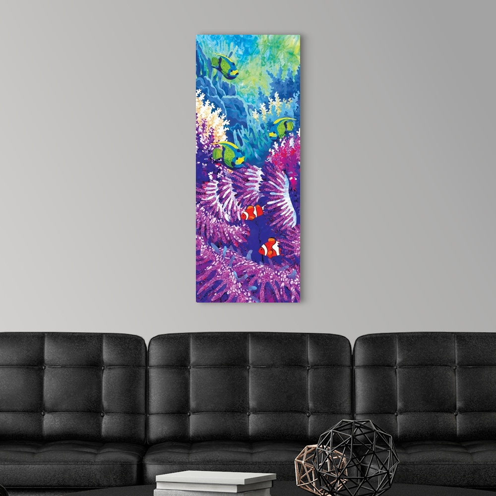 A modern room featuring Contemporary colorful painting of a tropical fish swimming around a coral reef.