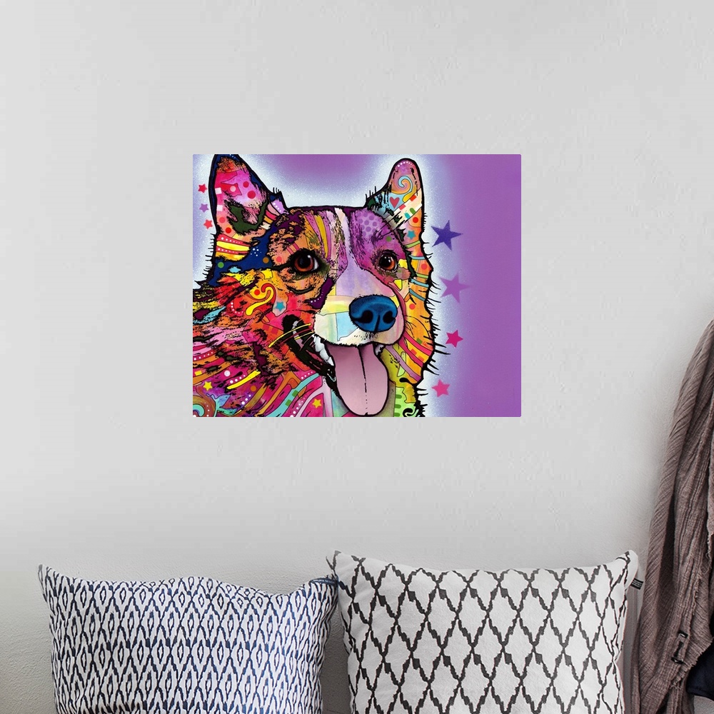 A bohemian room featuring Large, horizontal canvas art of a corgi dog made up of colorful graffiti and various shapes on a ...