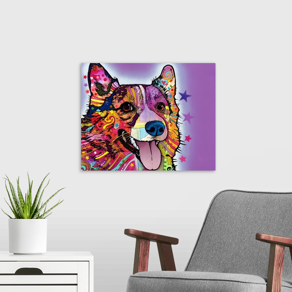 A modern room featuring Large, horizontal canvas art of a corgi dog made up of colorful graffiti and various shapes on a ...