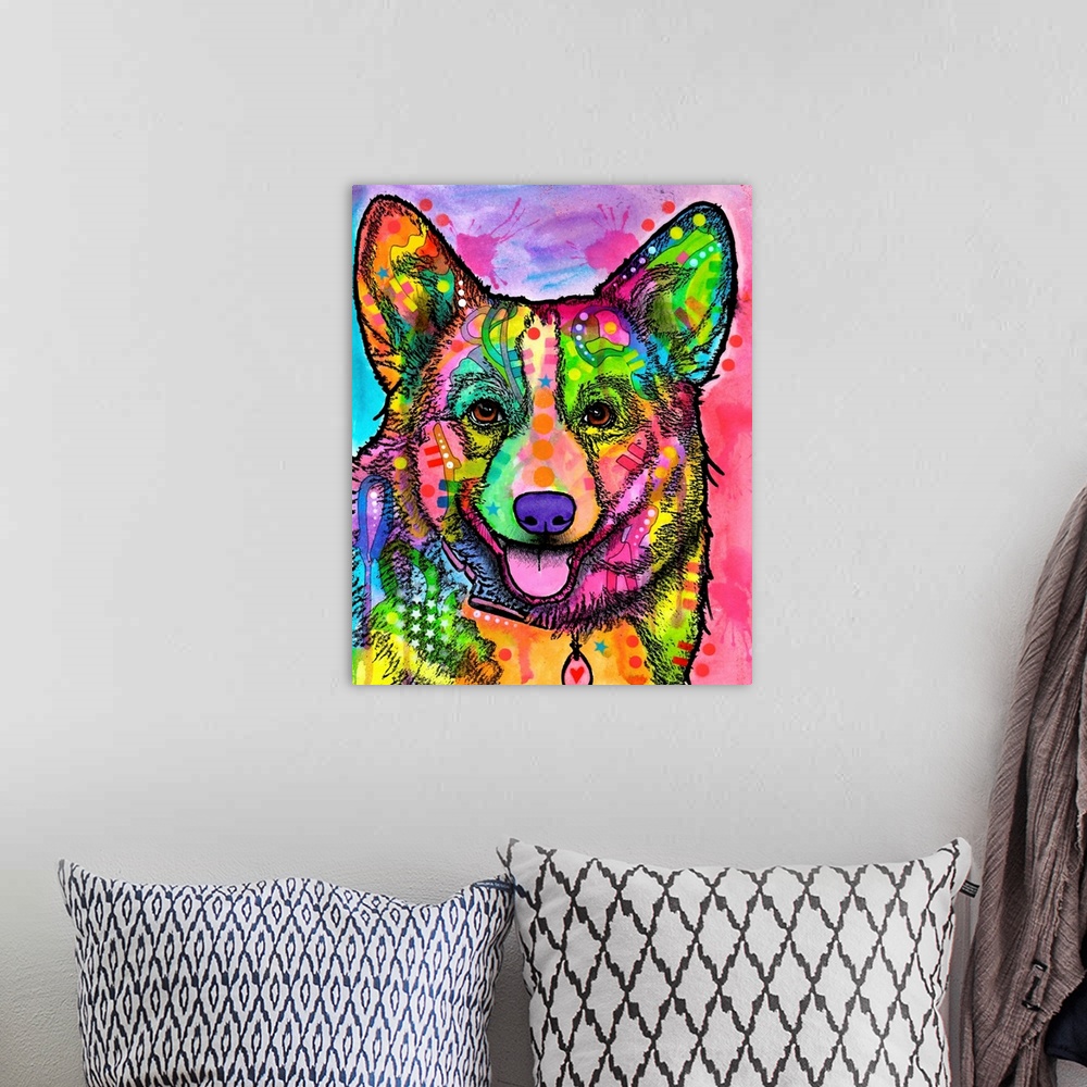 A bohemian room featuring Painting of a Corgi in bright vibrant colors with designs all over.