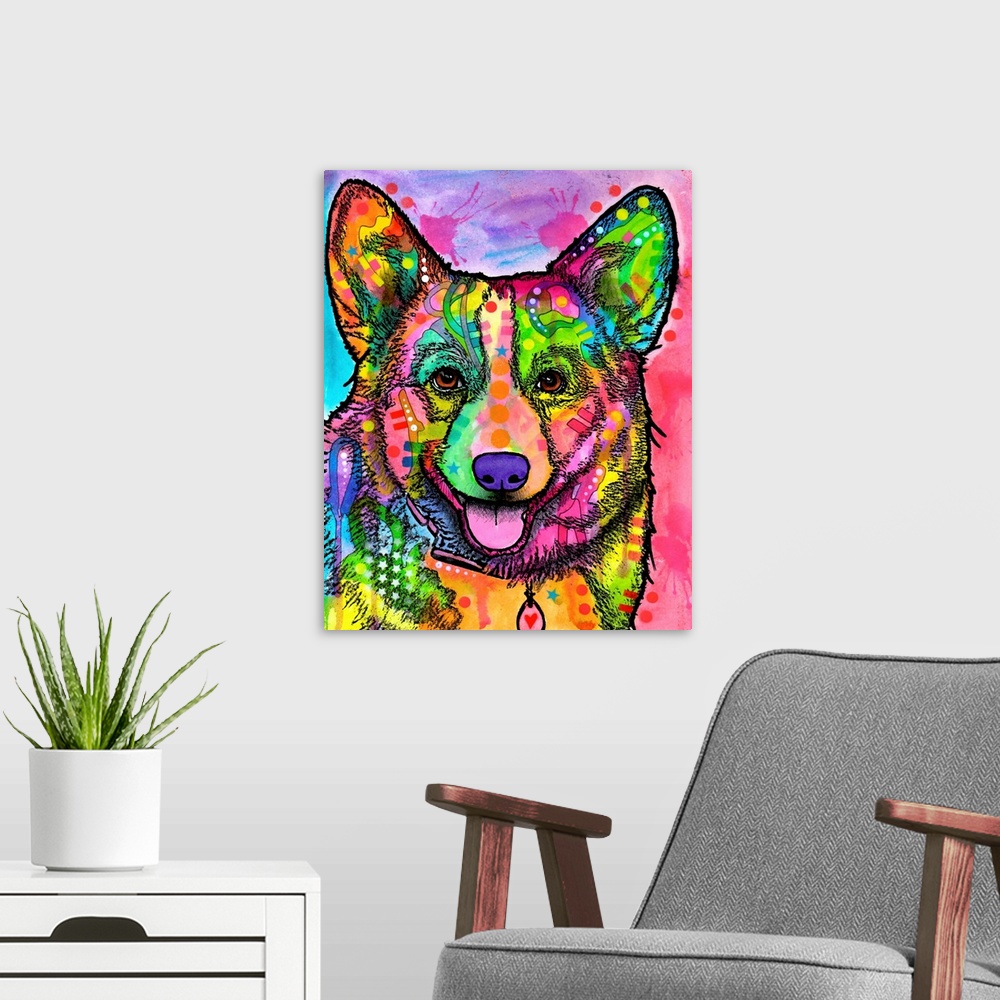 A modern room featuring Painting of a Corgi in bright vibrant colors with designs all over.