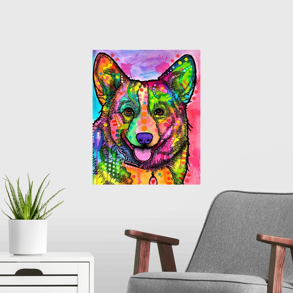 A modern room featuring Painting of a Corgi in bright vibrant colors with designs all over.