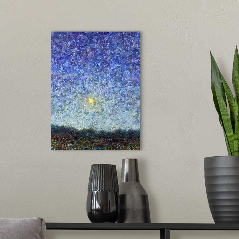 A modern room featuring Painting of the full moon low in the sky over the horizon.