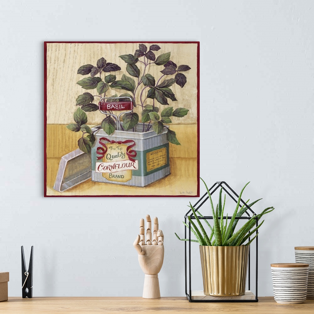 A bohemian room featuring Purple Basil growing in Top Quality Cornflower tin
