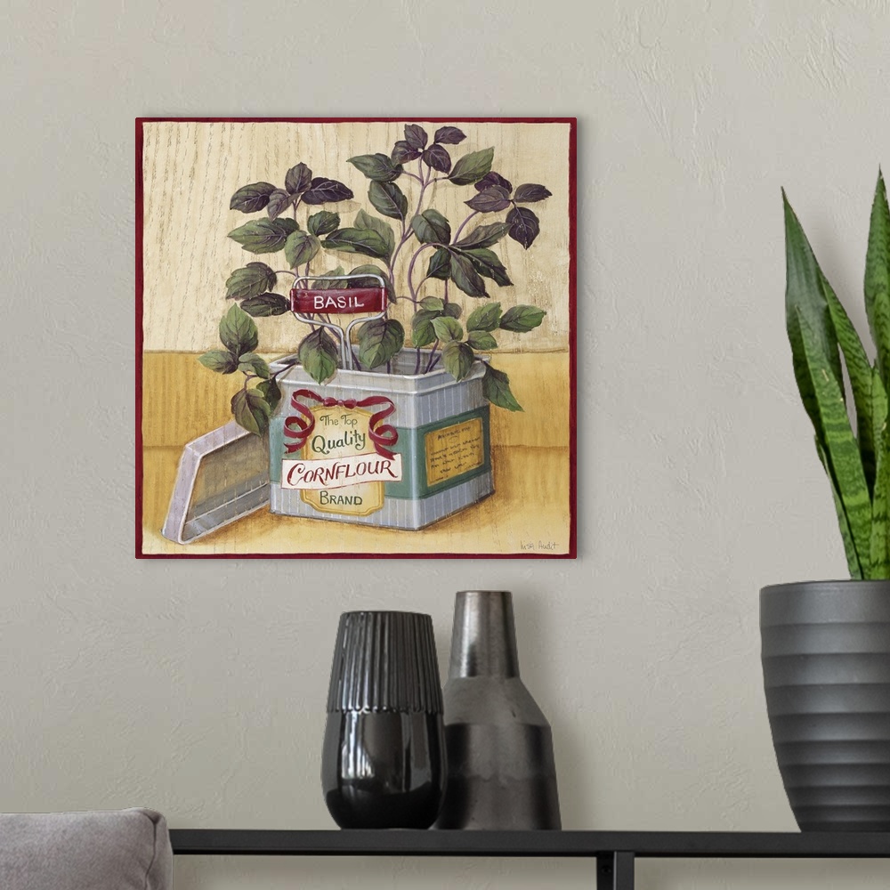 A modern room featuring Purple Basil growing in Top Quality Cornflower tin
