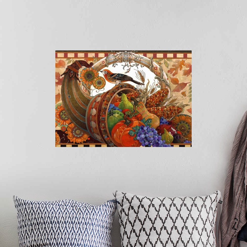 A bohemian room featuring Contemporary artwork of a cornucopia filled with harvest fruits and vegetables.