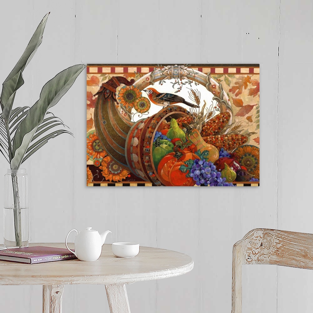 A farmhouse room featuring Contemporary artwork of a cornucopia filled with harvest fruits and vegetables.