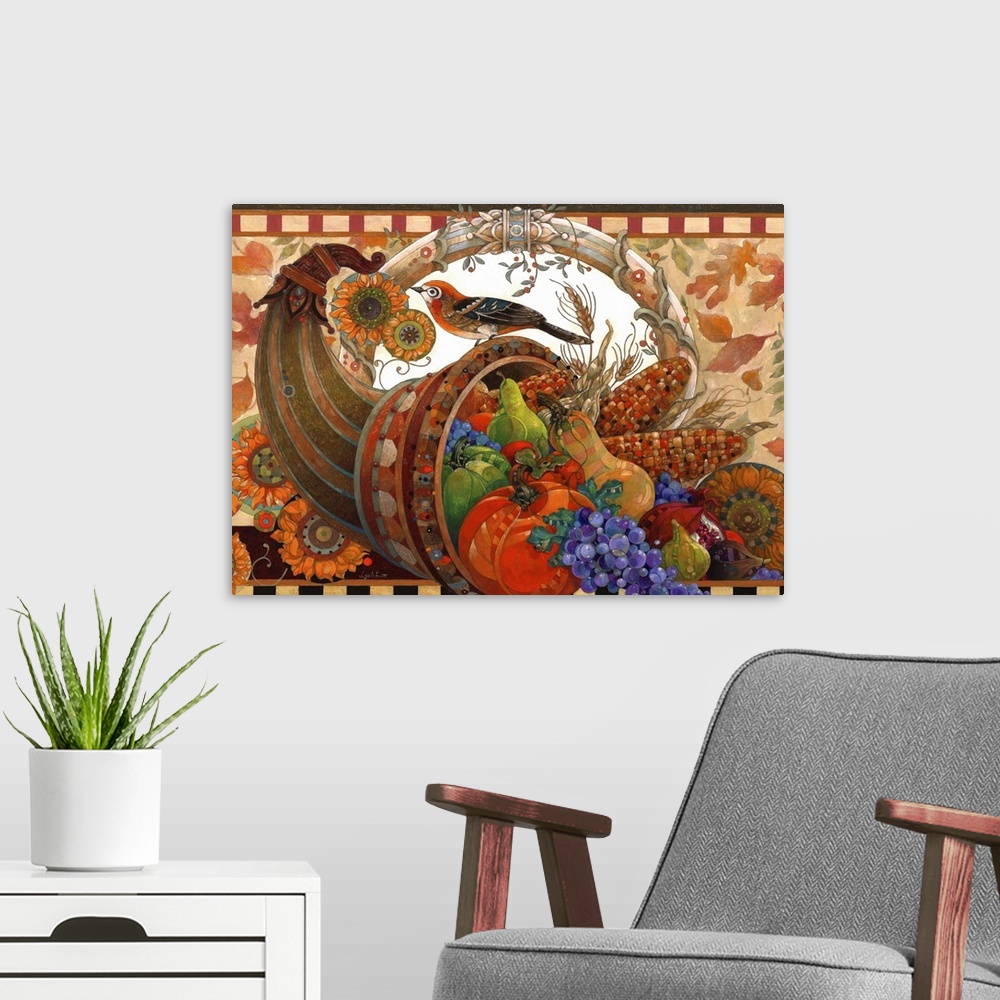 A modern room featuring Contemporary artwork of a cornucopia filled with harvest fruits and vegetables.