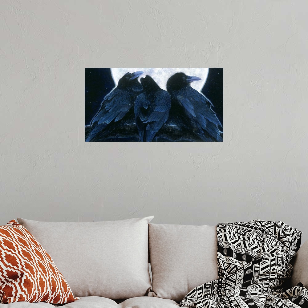 A bohemian room featuring Contemporary painting of a trio of crows with a backdrop of a full moon.