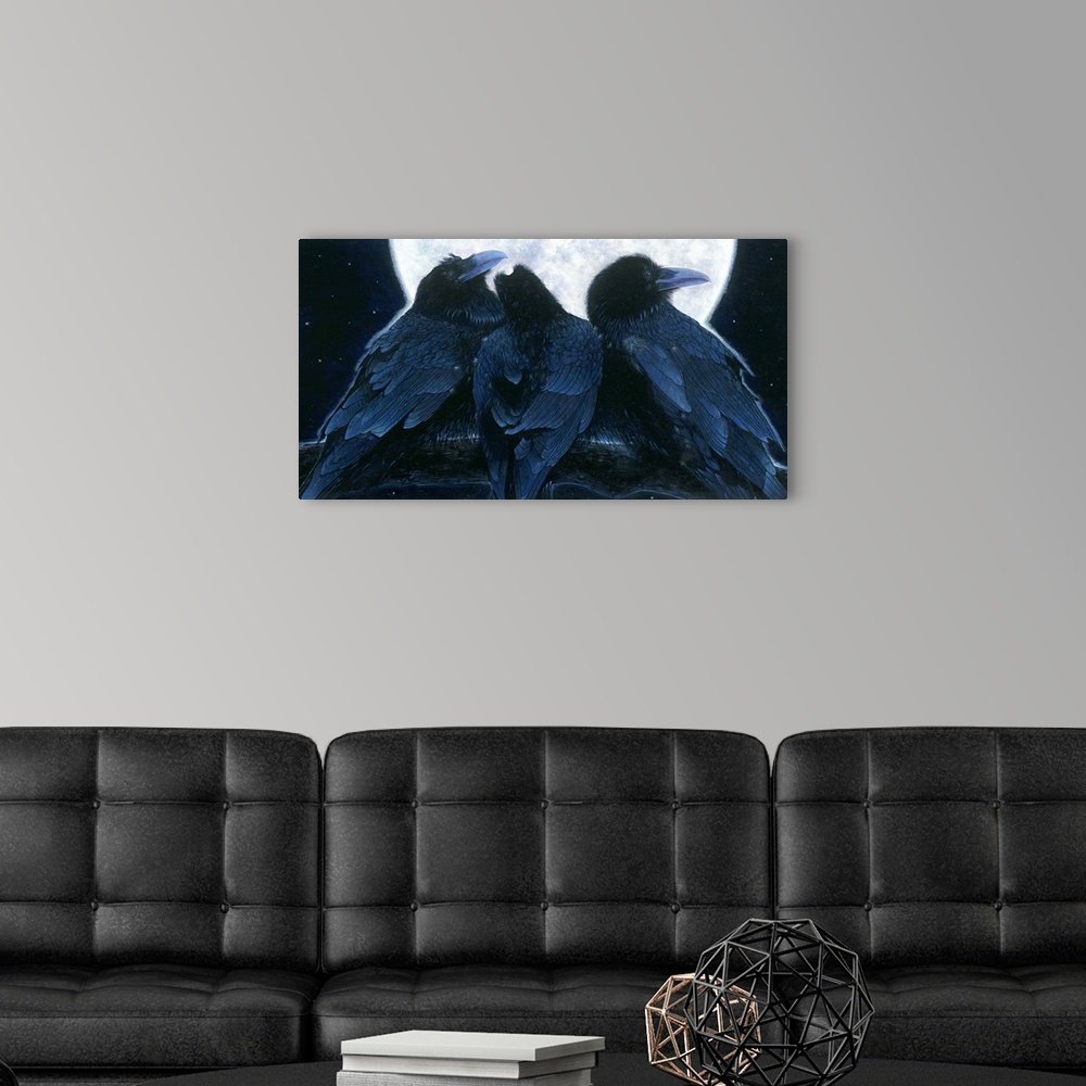 A modern room featuring Contemporary painting of a trio of crows with a backdrop of a full moon.