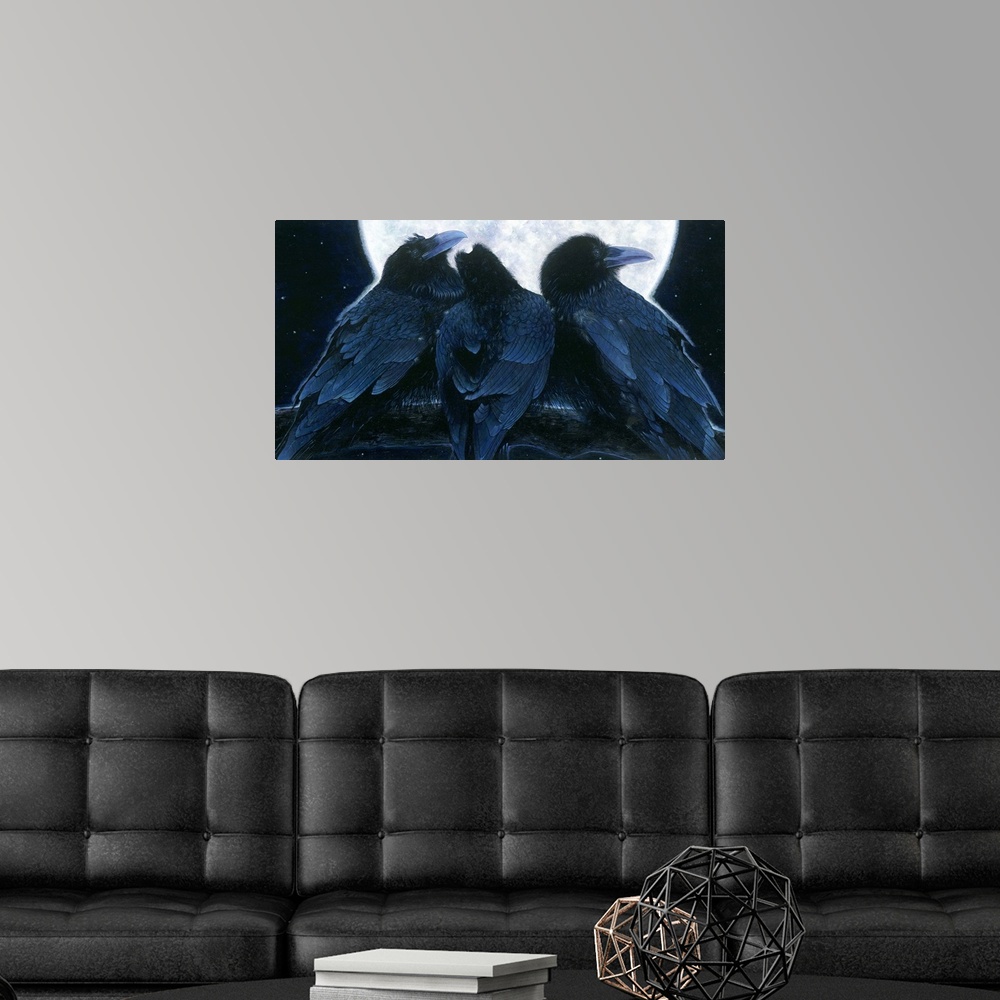A modern room featuring Contemporary painting of a trio of crows with a backdrop of a full moon.
