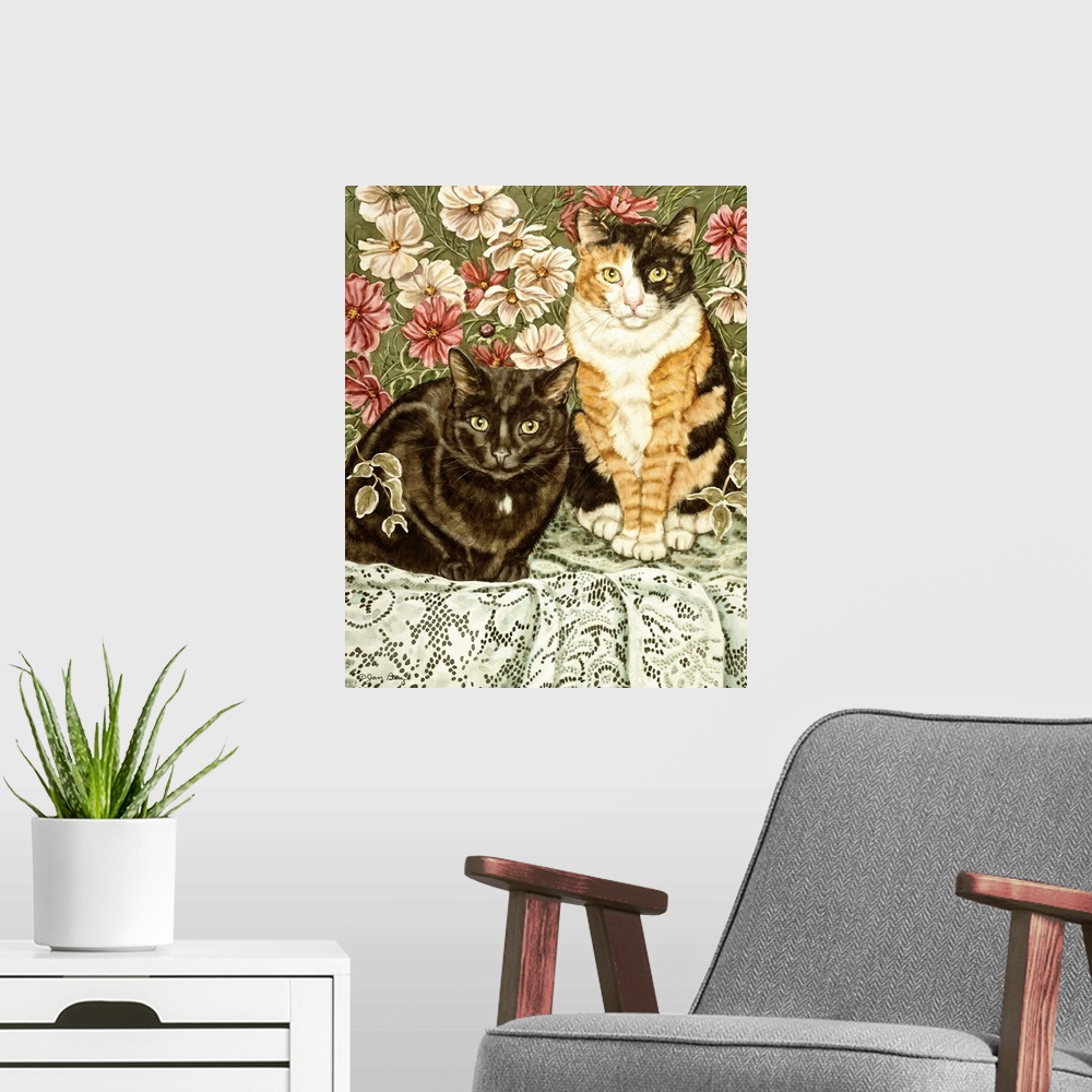 A modern room featuring Painting of two cats on a lacy tablecloth on a table with some flowers.