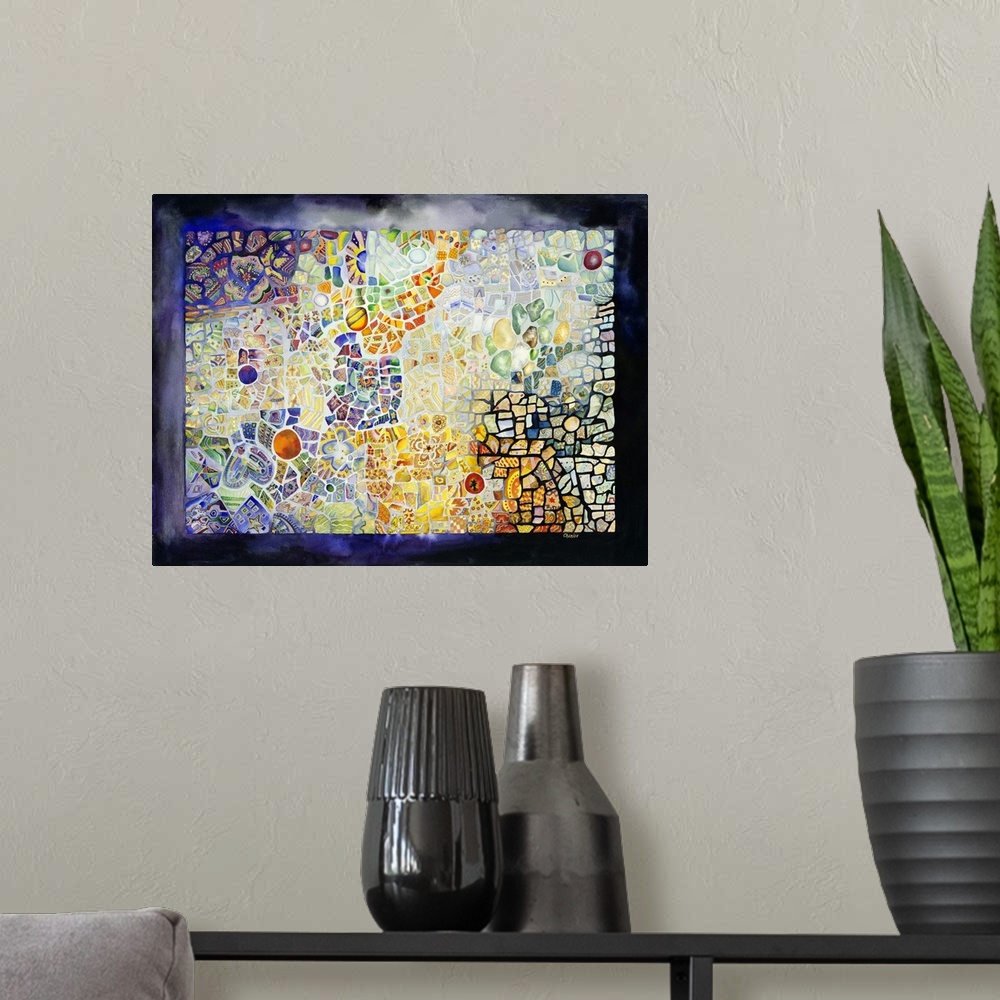 A modern room featuring Contemporary colorful mosaic artwork.
