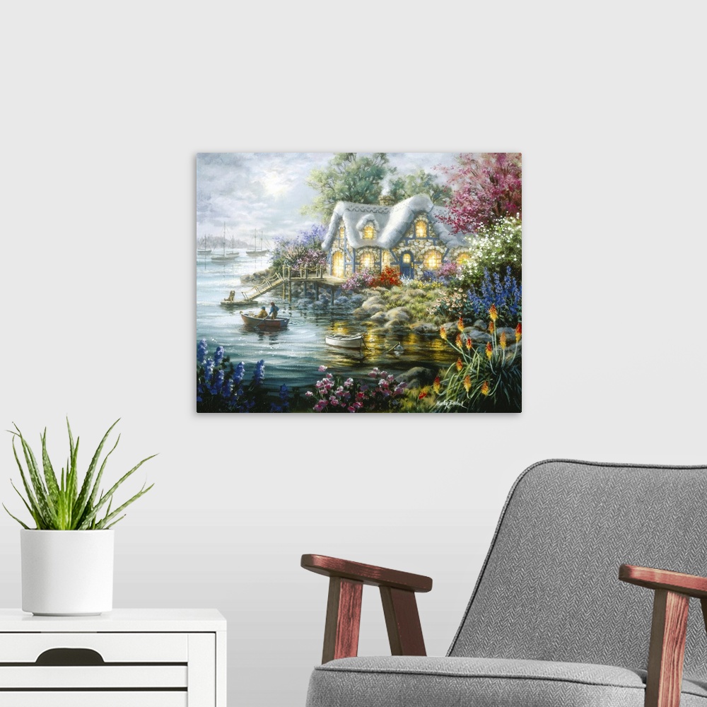 A modern room featuring Painting of riverside scene featuring houses with glowing windows. Product is a painting reproduc...