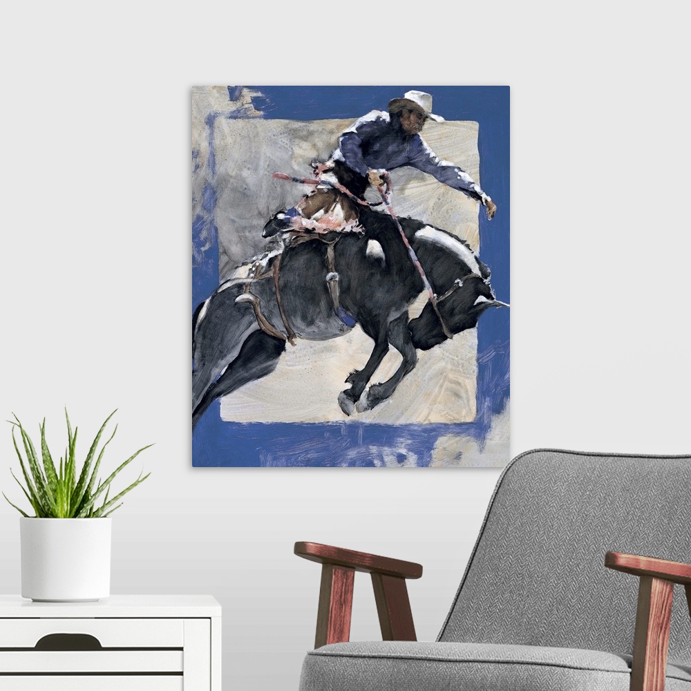 A modern room featuring Western themed contemporary painting of a cowboy riding a bucking bronco.