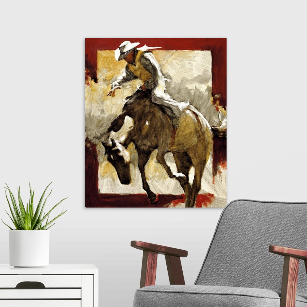 A modern room featuring Western themed contemporary painting of a cowboy riding a bucking bronco.