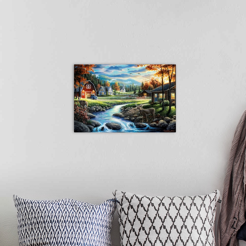 A bohemian room featuring Contemporary painting of a countryside with two deer crossing a creek.