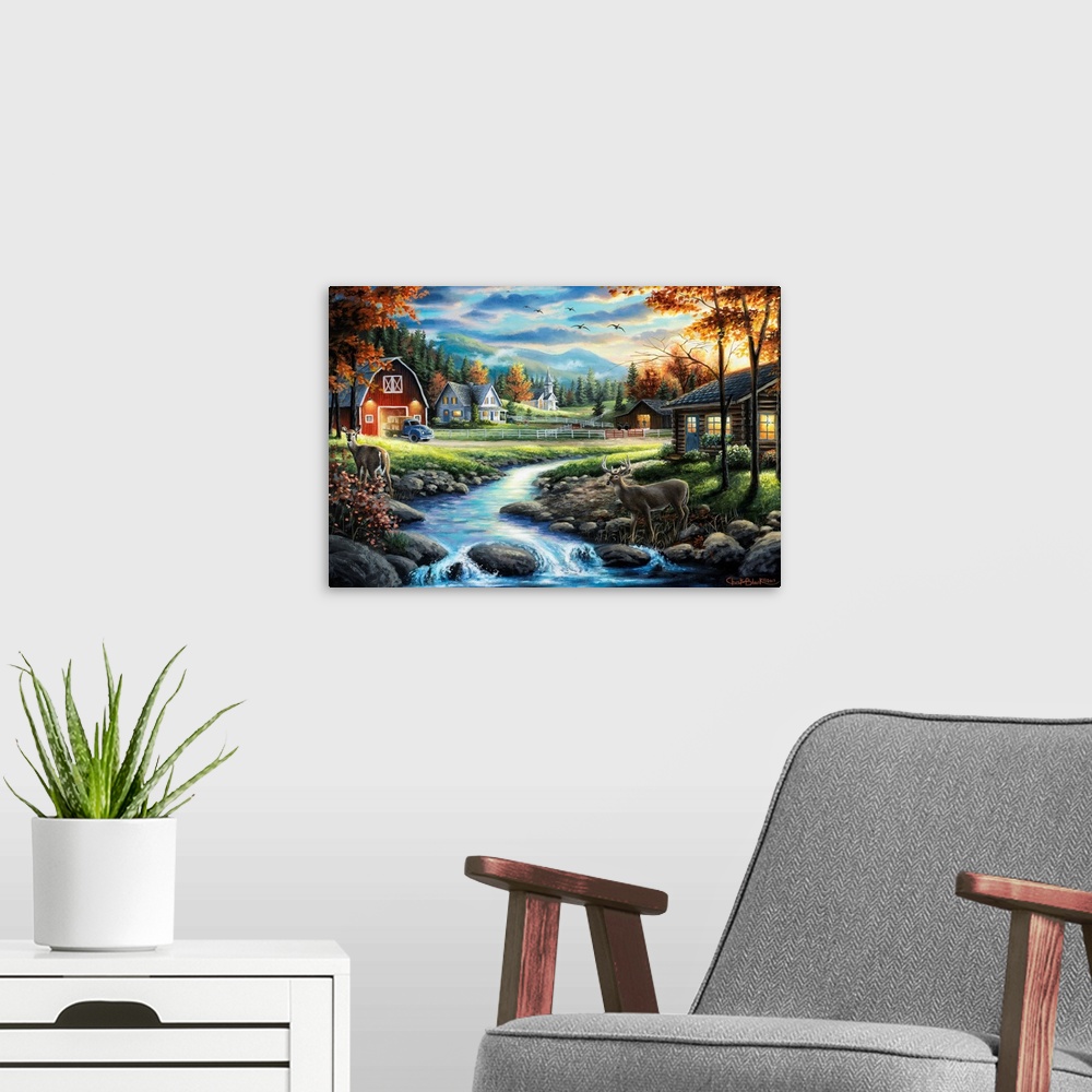 A modern room featuring Contemporary painting of a countryside with two deer crossing a creek.