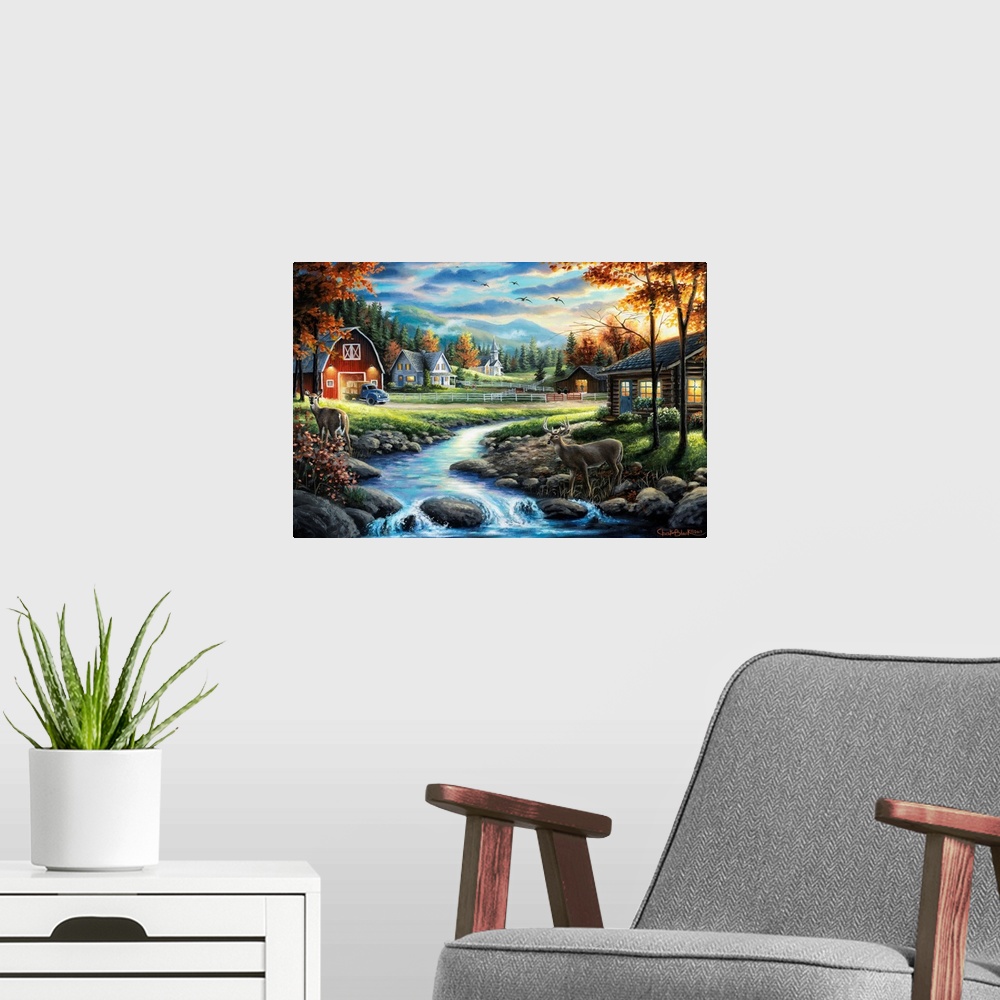 A modern room featuring Contemporary painting of a countryside with two deer crossing a creek.