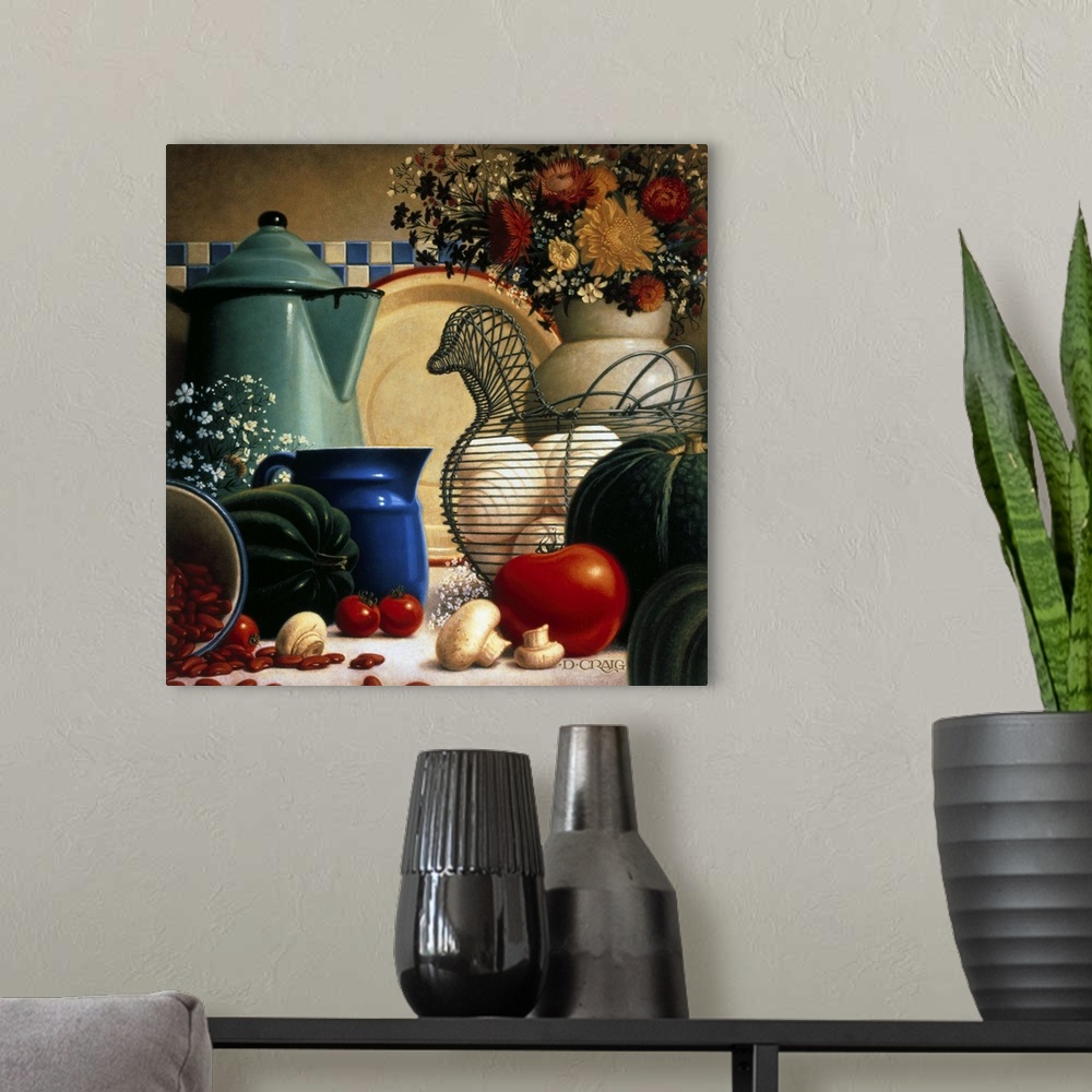 A modern room featuring A still life depicting various kitchen items, including a hen-shaped basket for eggs, a coffee pi...