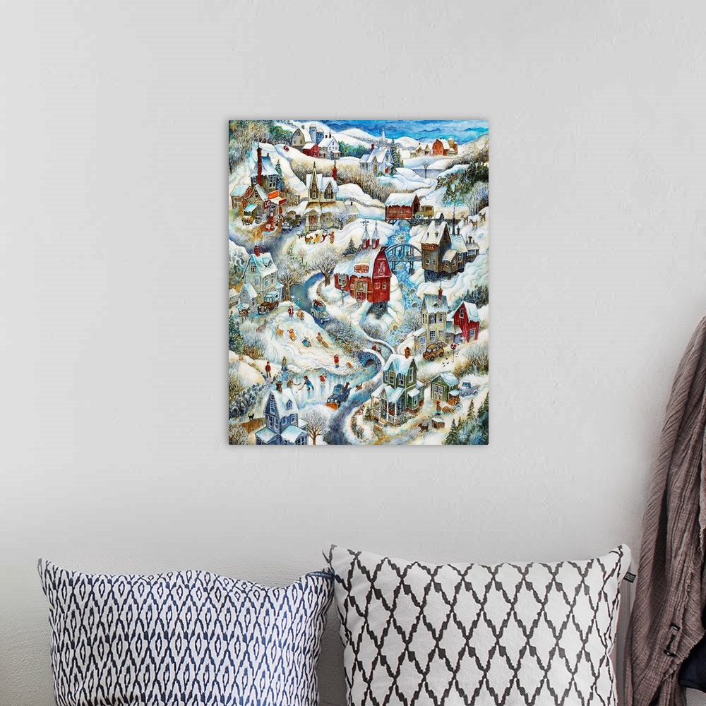 A bohemian room featuring Winter scene with a lot of small houses with children sliding and playing.