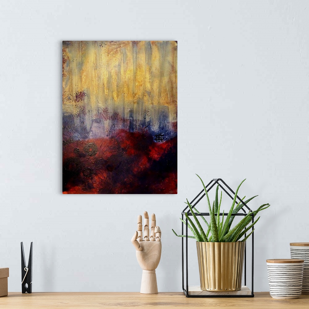 A bohemian room featuring Contemporary abstract artwork using dark colors.