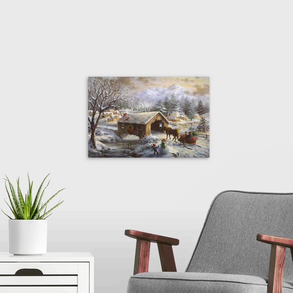A modern room featuring Painting of village scene featuring a large Christmas tree. Product is a painting reproduction on...