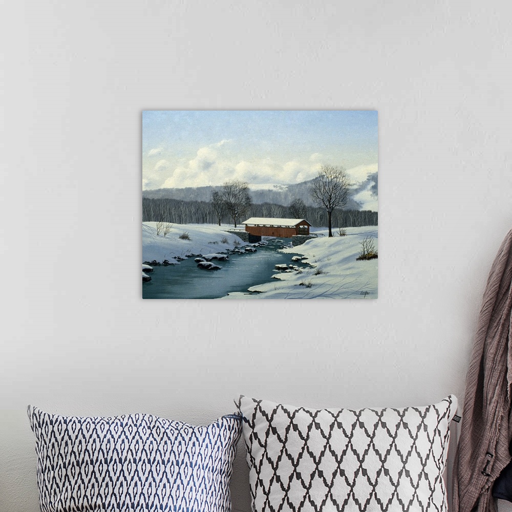 A bohemian room featuring Contemporary painting of a covered bridge in a forest clearing after a heavy snowfall.