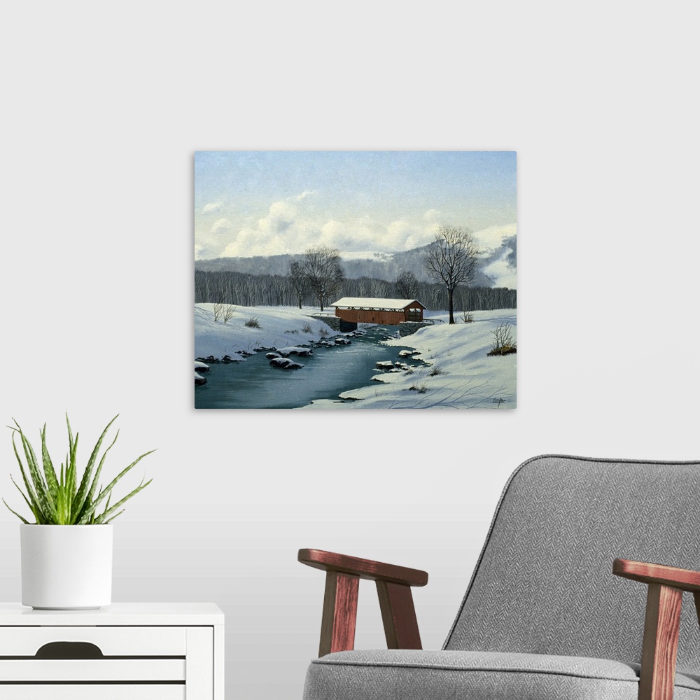 A modern room featuring Contemporary painting of a covered bridge in a forest clearing after a heavy snowfall.