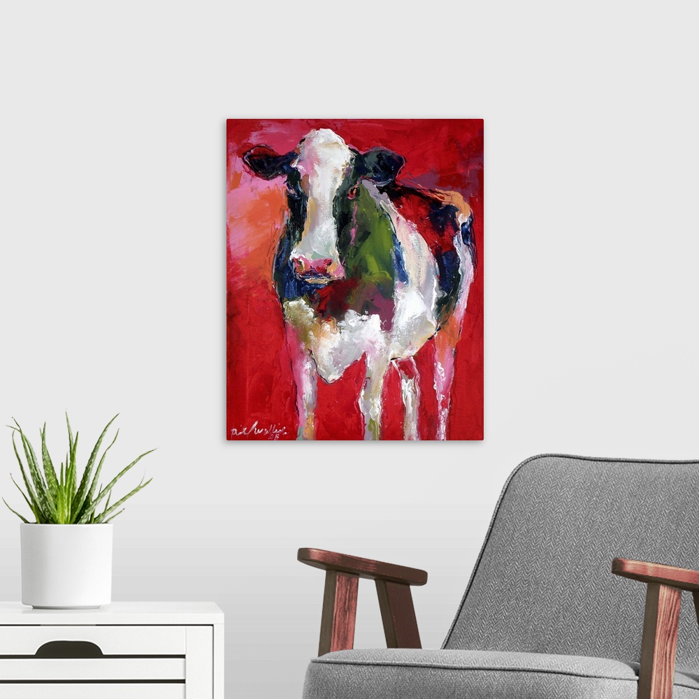 A modern room featuring Contemporary vibrant colorful painting of a cow against a red background.