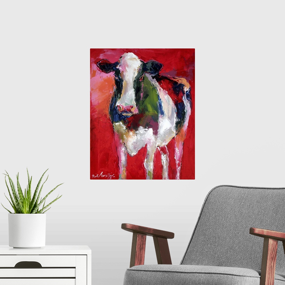 A modern room featuring Contemporary vibrant colorful painting of a cow against a red background.