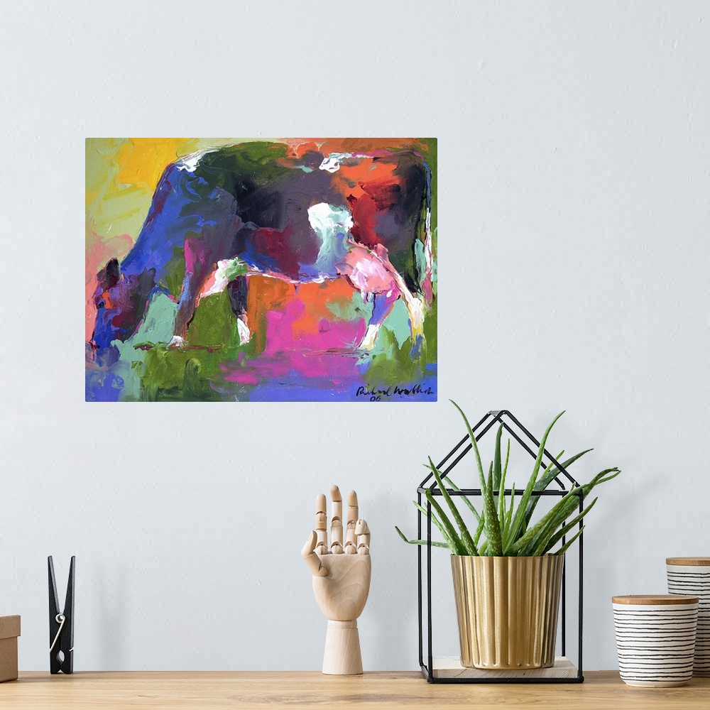 A bohemian room featuring Contemporary vibrant colorful painting of a cow.