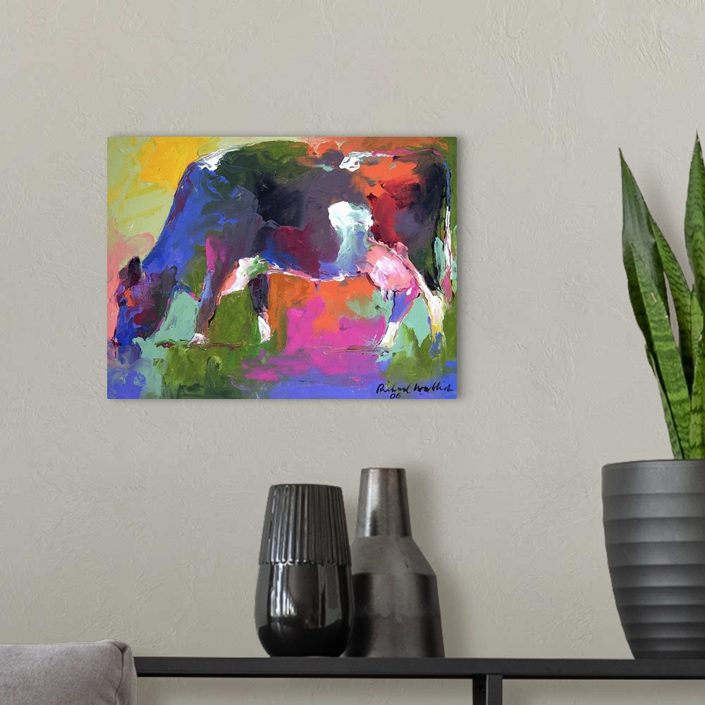 A modern room featuring Contemporary vibrant colorful painting of a cow.