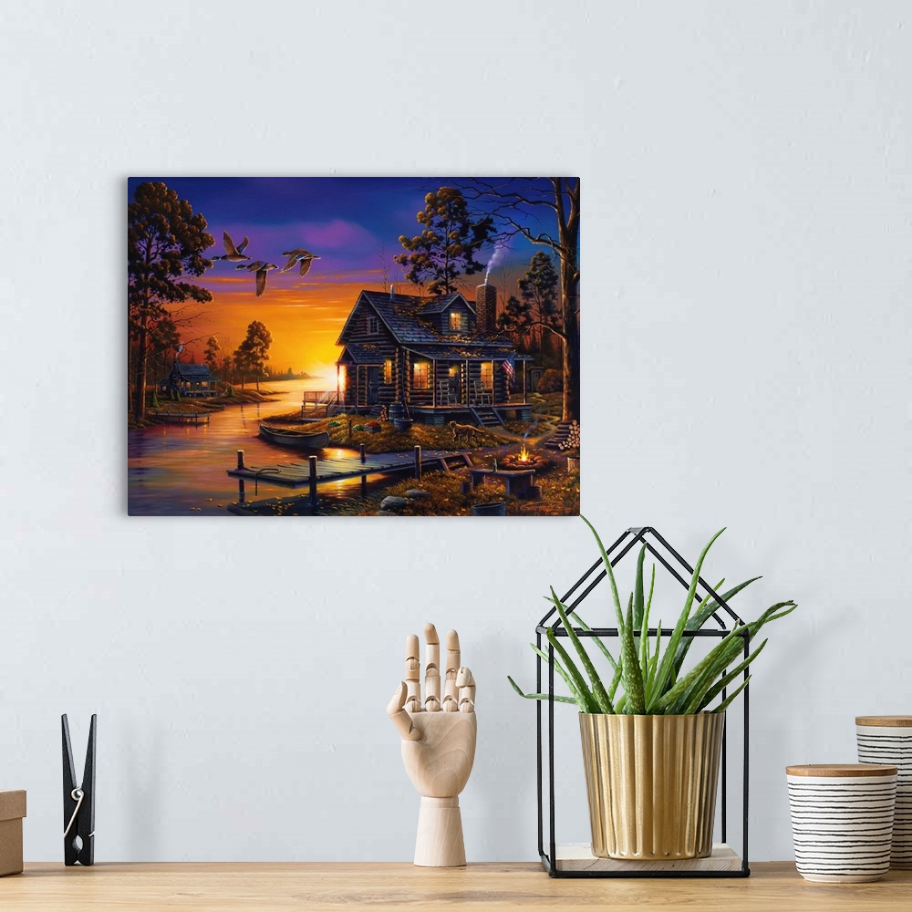 A bohemian room featuring An idyllic painting of a cottage in the countryside at sunset.