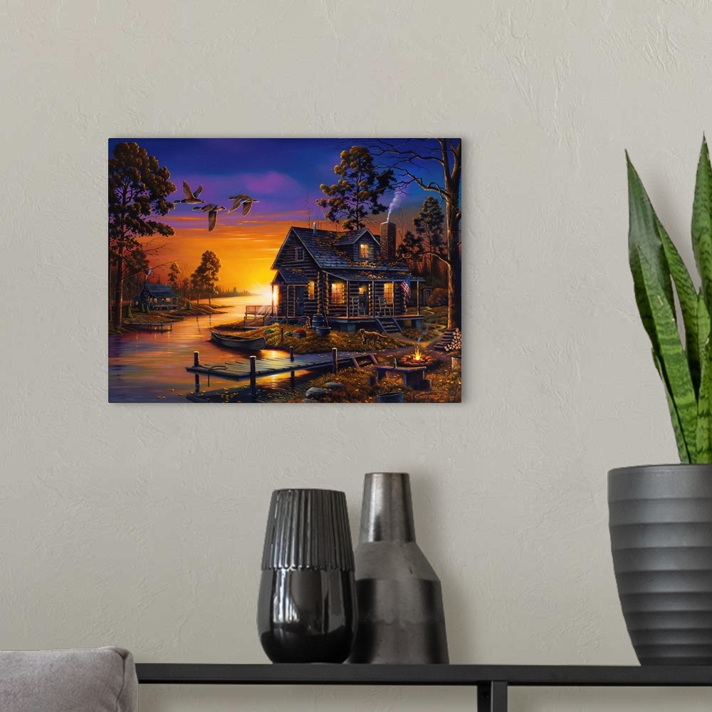 A modern room featuring An idyllic painting of a cottage in the countryside at sunset.