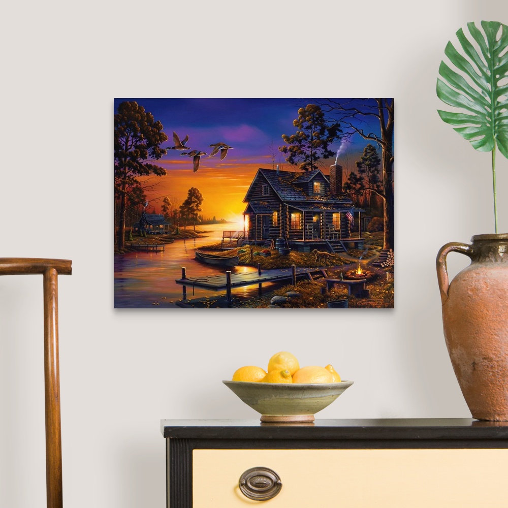 A traditional room featuring An idyllic painting of a cottage in the countryside at sunset.