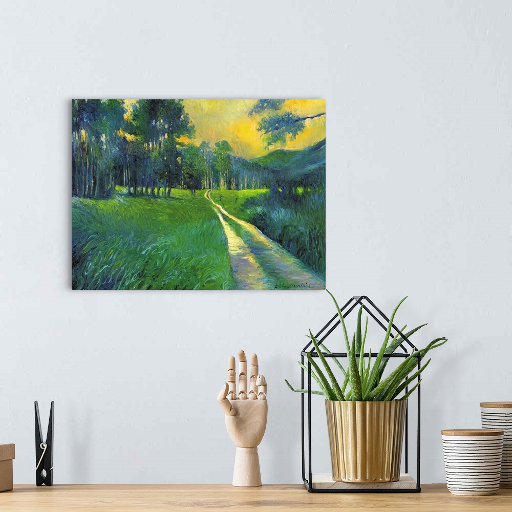 A bohemian room featuring Contemporary painting of an idyllic rural scene.