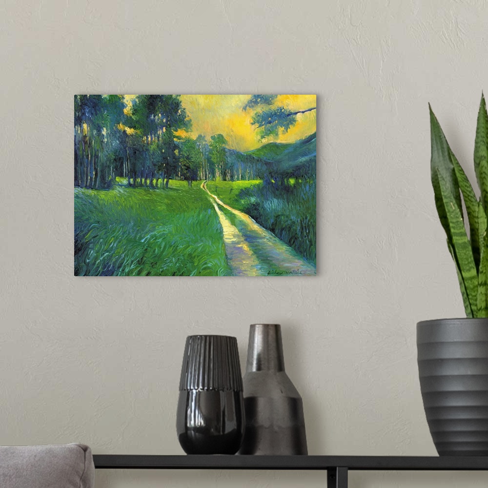 A modern room featuring Contemporary painting of an idyllic rural scene.