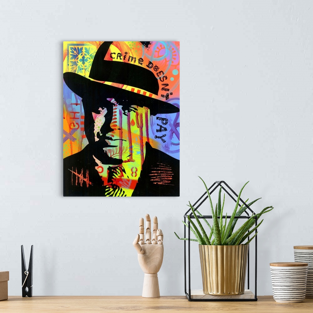 A bohemian room featuring Pop art style illustration of Al Capone on a colorful graffiti background with "Crime Doesn't Pay...