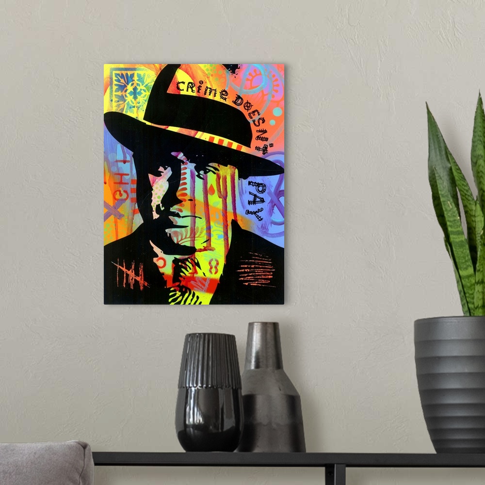 A modern room featuring Pop art style illustration of Al Capone on a colorful graffiti background with "Crime Doesn't Pay...