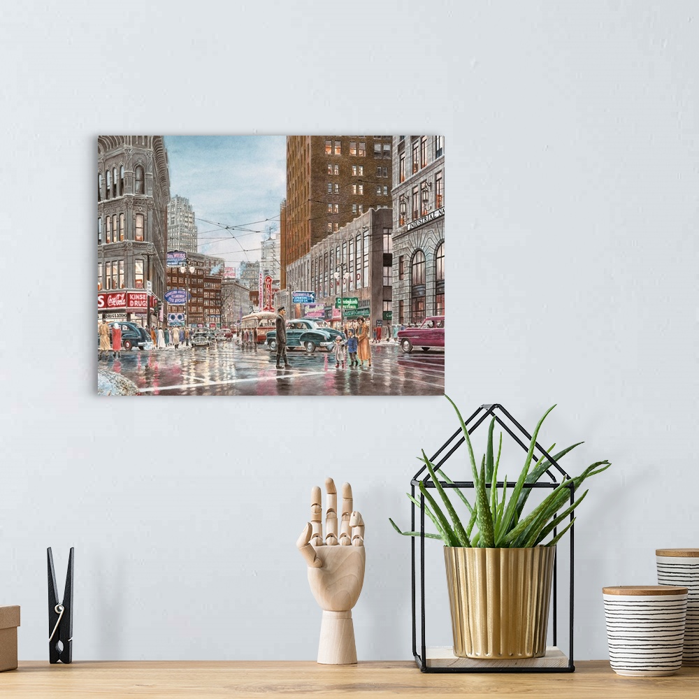 A bohemian room featuring Contemporary painting of a bustling city street crossing.