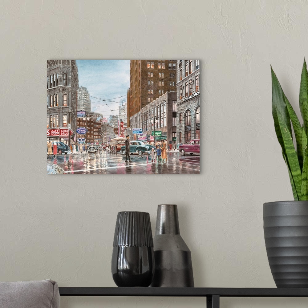 A modern room featuring Contemporary painting of a bustling city street crossing.